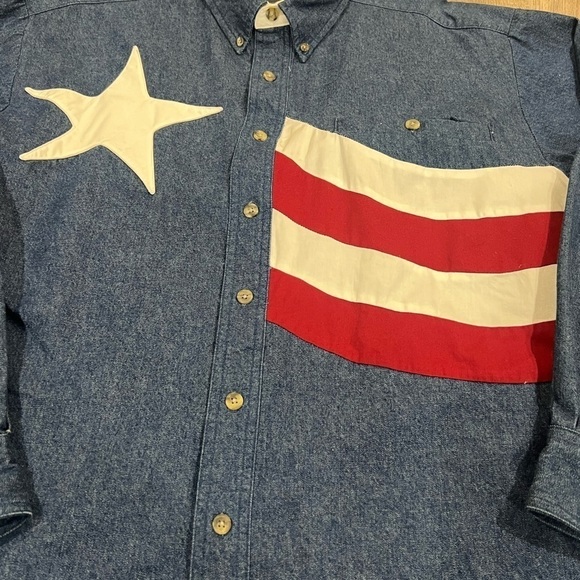 Men’s Large Wrangler Chambray Denim Western USA America Flag Vintage VTG Shirt - Picture 9 of 12
